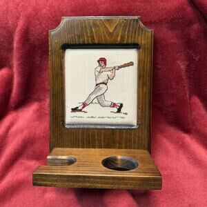 Vintage Baseball Bat & Ball Holder Wood Stand w/ Needlepoint Player Art